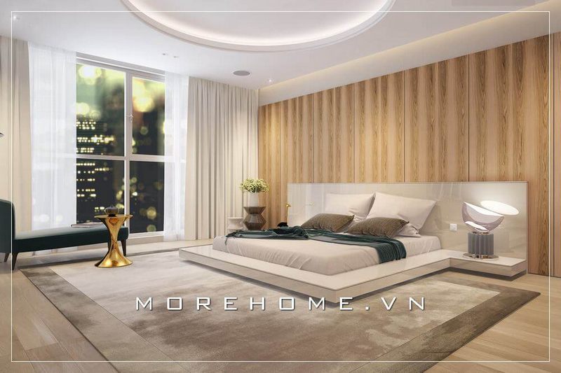 Nội thất giường ngủ kiểu dáng thấp, gam màu trắng chủ đạo tạo nên cảm giác nhẹ nhàng, yên tĩnh hơn cho phòng ngủ chung cư hiện đại